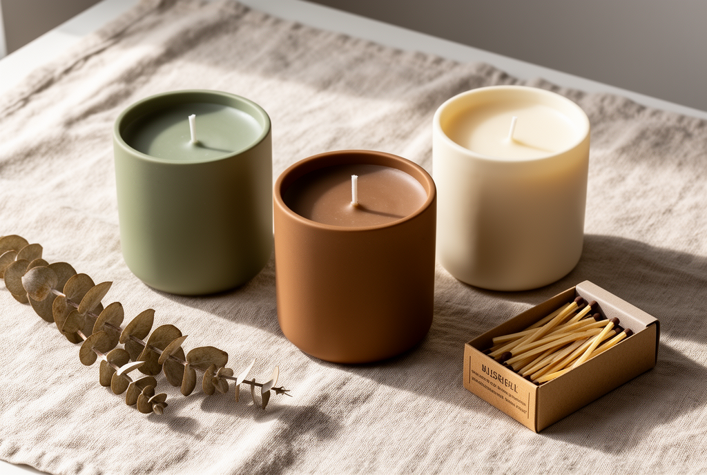 Three matte ceramic candles arranged on linen with dried eucalyptus and matches