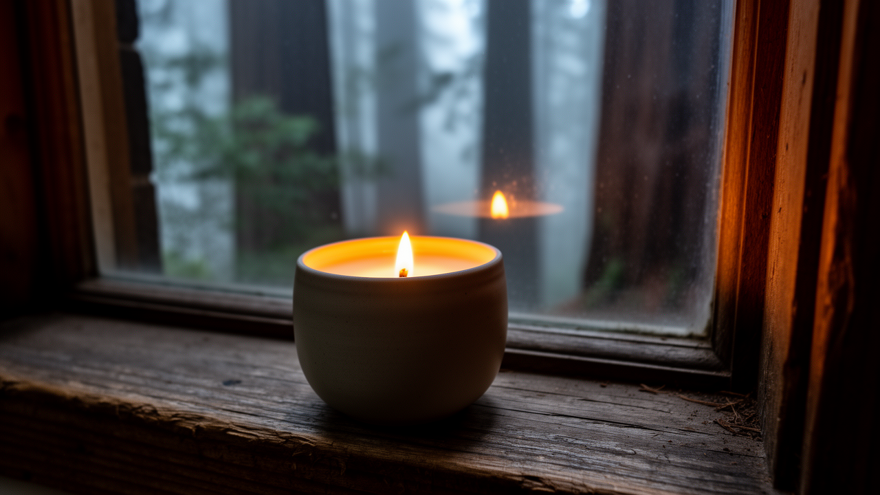 Redwood Fog candle burning on a windowsill with a foggy forest behind it