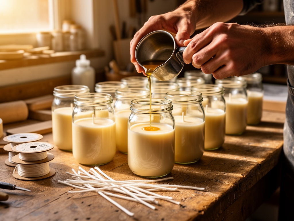 Hands pouring warm soy wax into glass candle jars on a wooden workbench